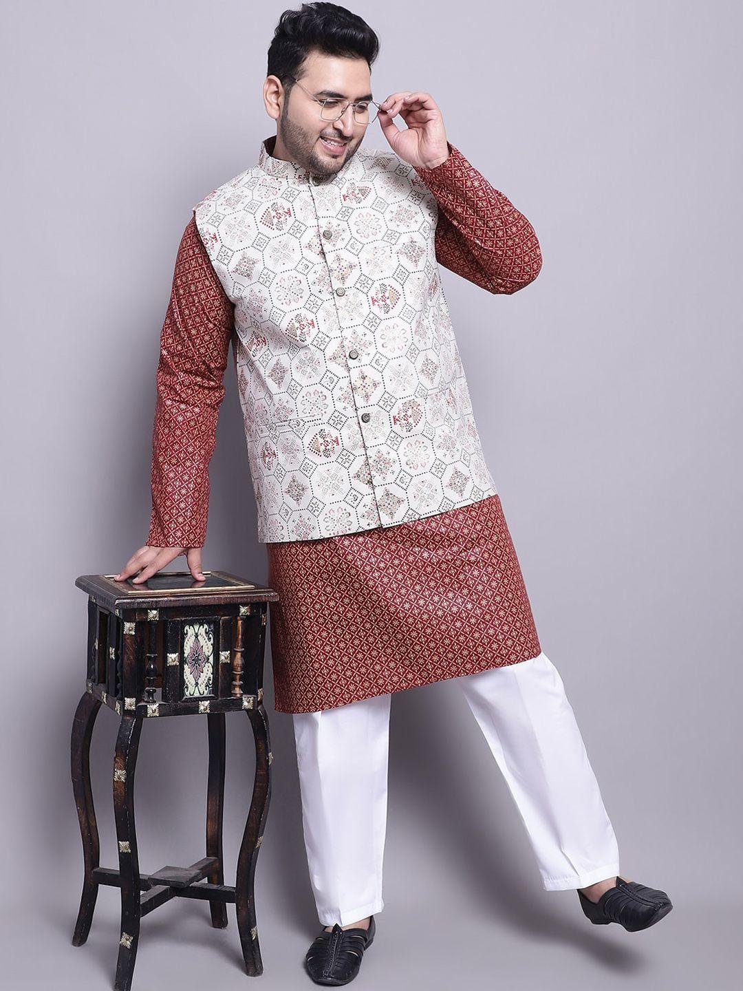 sojanya plus men maroon ethnic motifs printed regular kurta with pyjamas