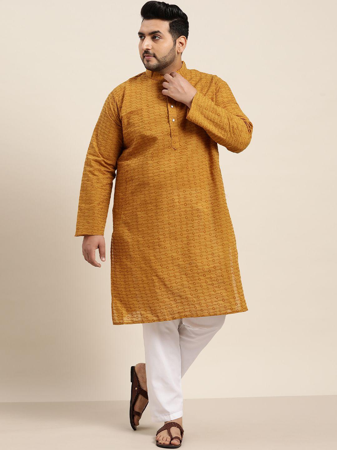 sojanya plus men mustard yellow & white embroidered chikankari pure cotton kurta set