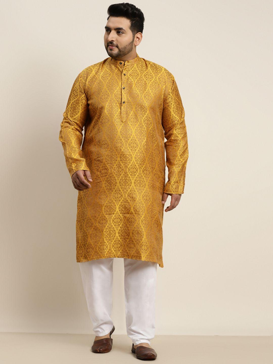 sojanya plus men mustard yellow & white jacquard silk woven design kurta with pyjamas