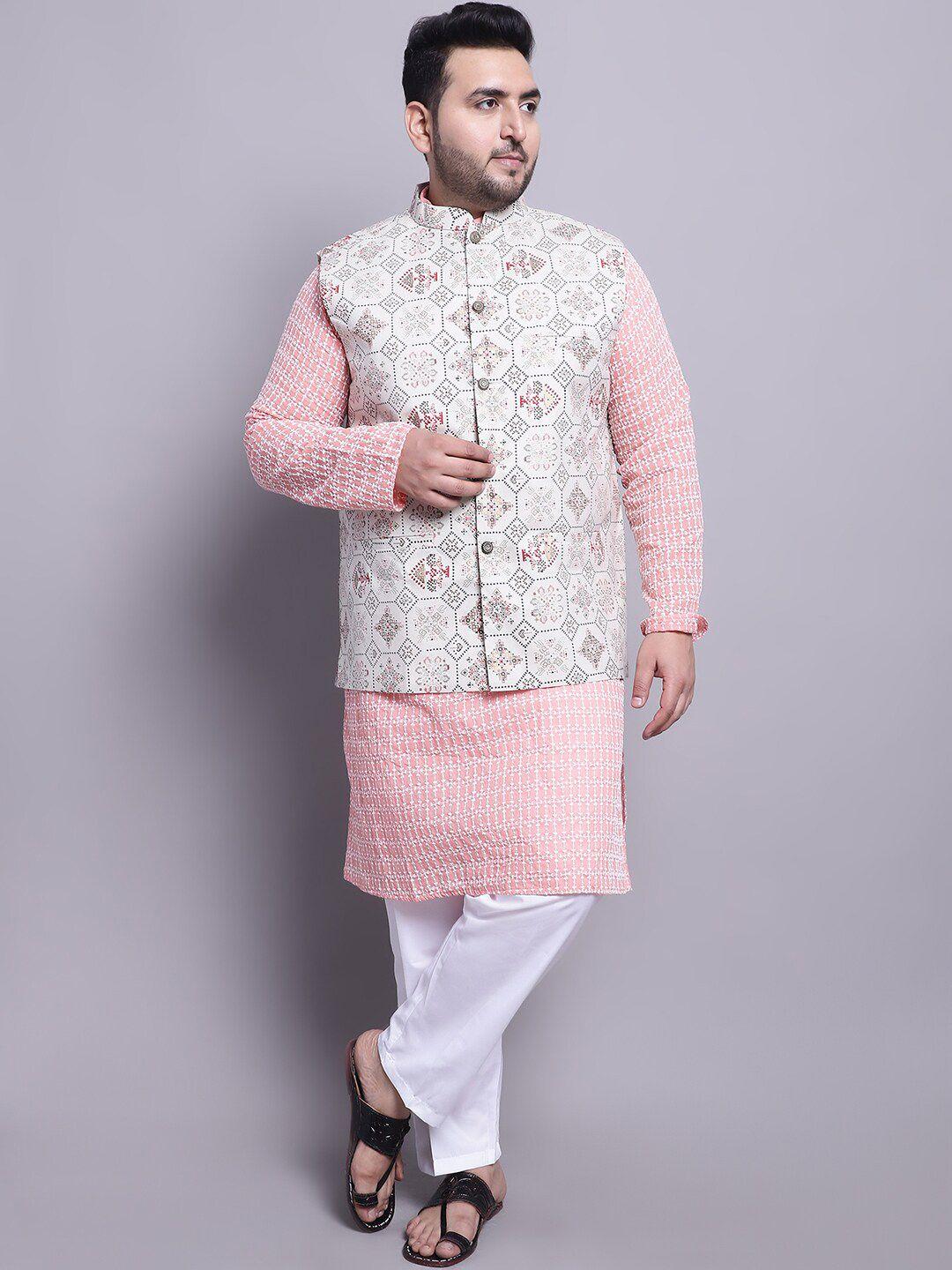 sojanya plus men peach-coloured ethnic motifs embroidered regular pure cotton kurta with pyjamas