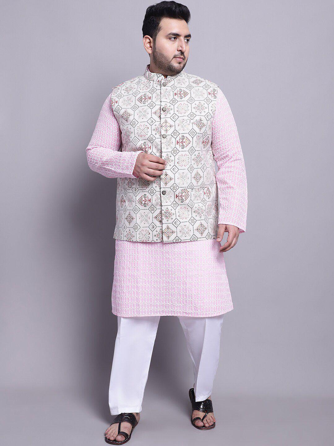 sojanya plus men pink ethnic motifs embroidered regular thread work pure cotton kurta with pyjamas