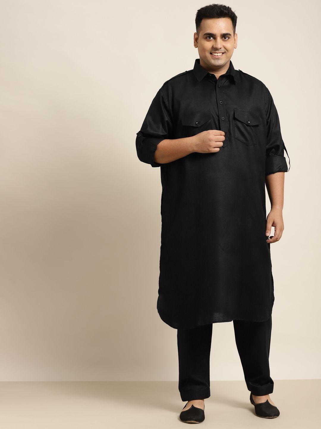 sojanya plus men plus size black cotton linen solid pathani kurta with salwar