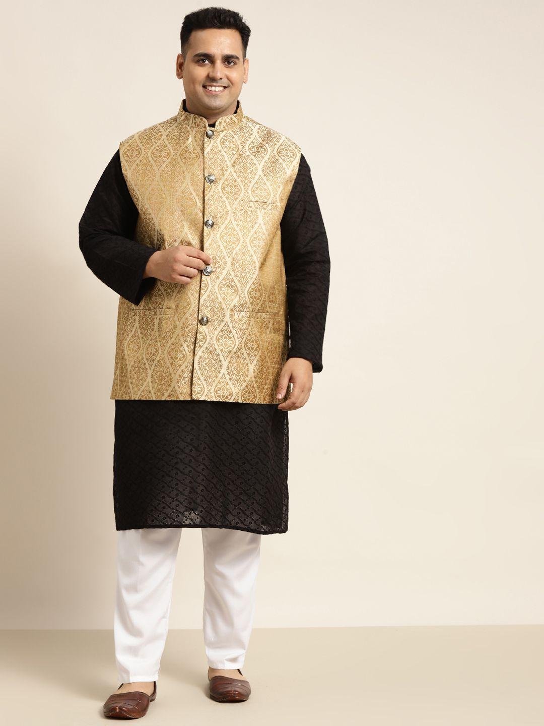 sojanya plus men plus size black pure cotton kurta set comes with a nehru jacket