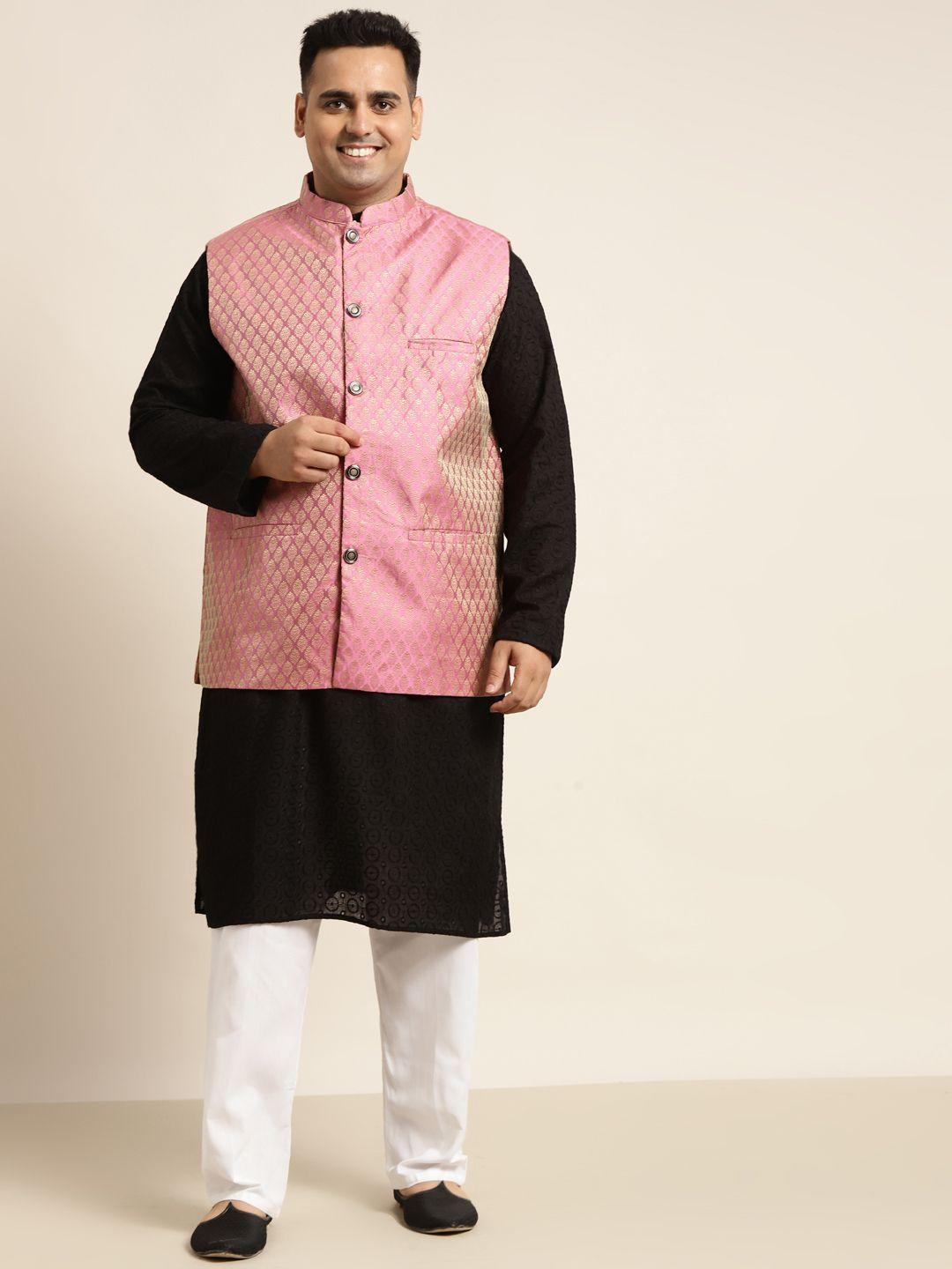 sojanya plus men plus size black pure cotton kurta with churidar comes with a nehru jacket