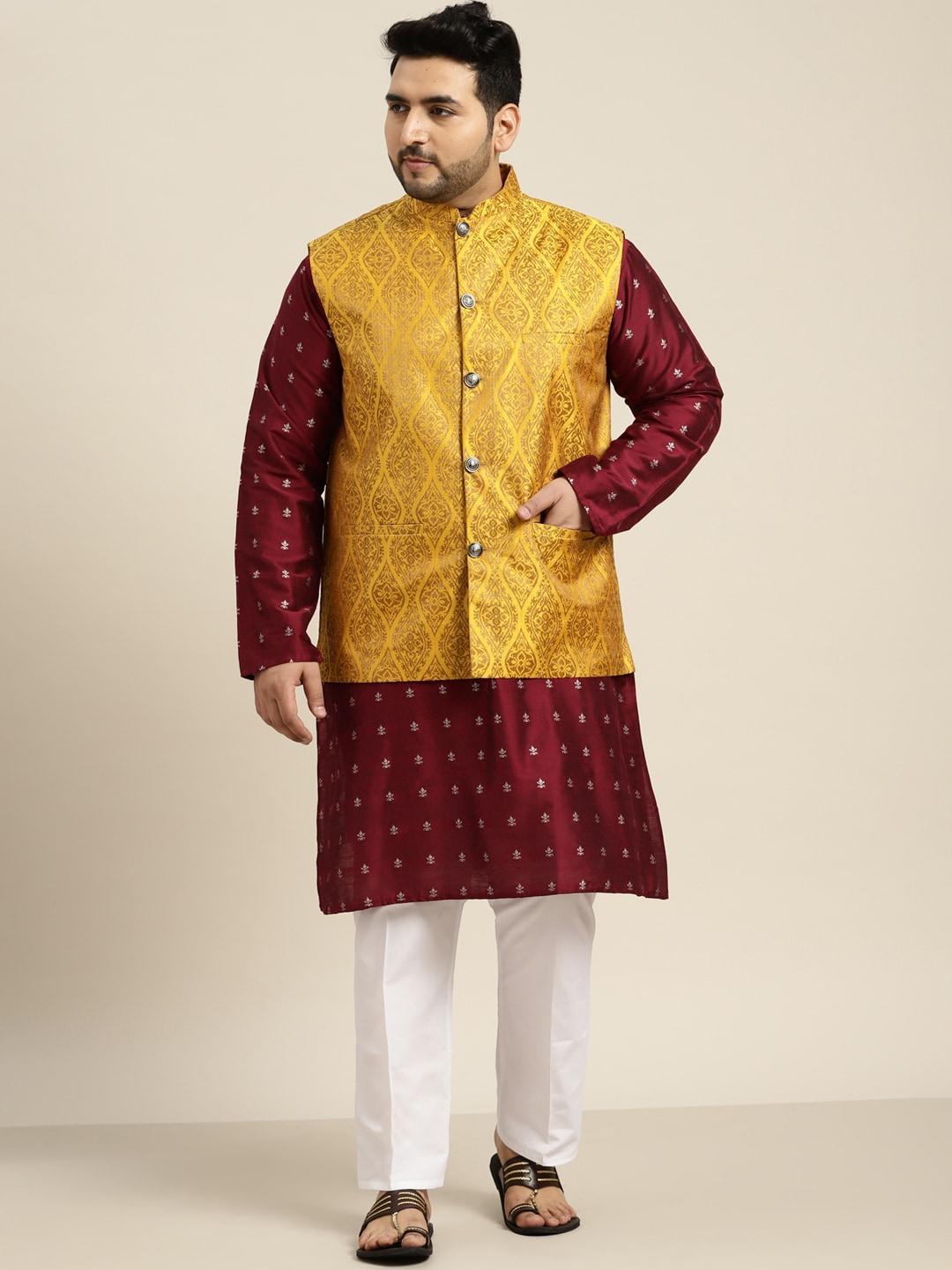 sojanya plus men plus size maroon woven design kurta set with nehru jacket