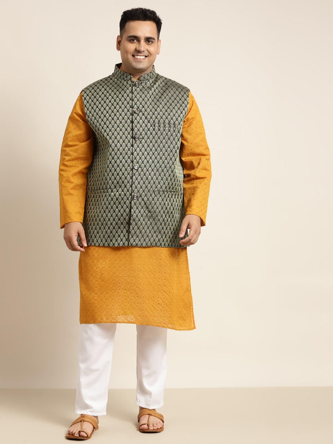 sojanya plus men plus size mustard yellow pure cotton kurta set comes with a nehru jacket