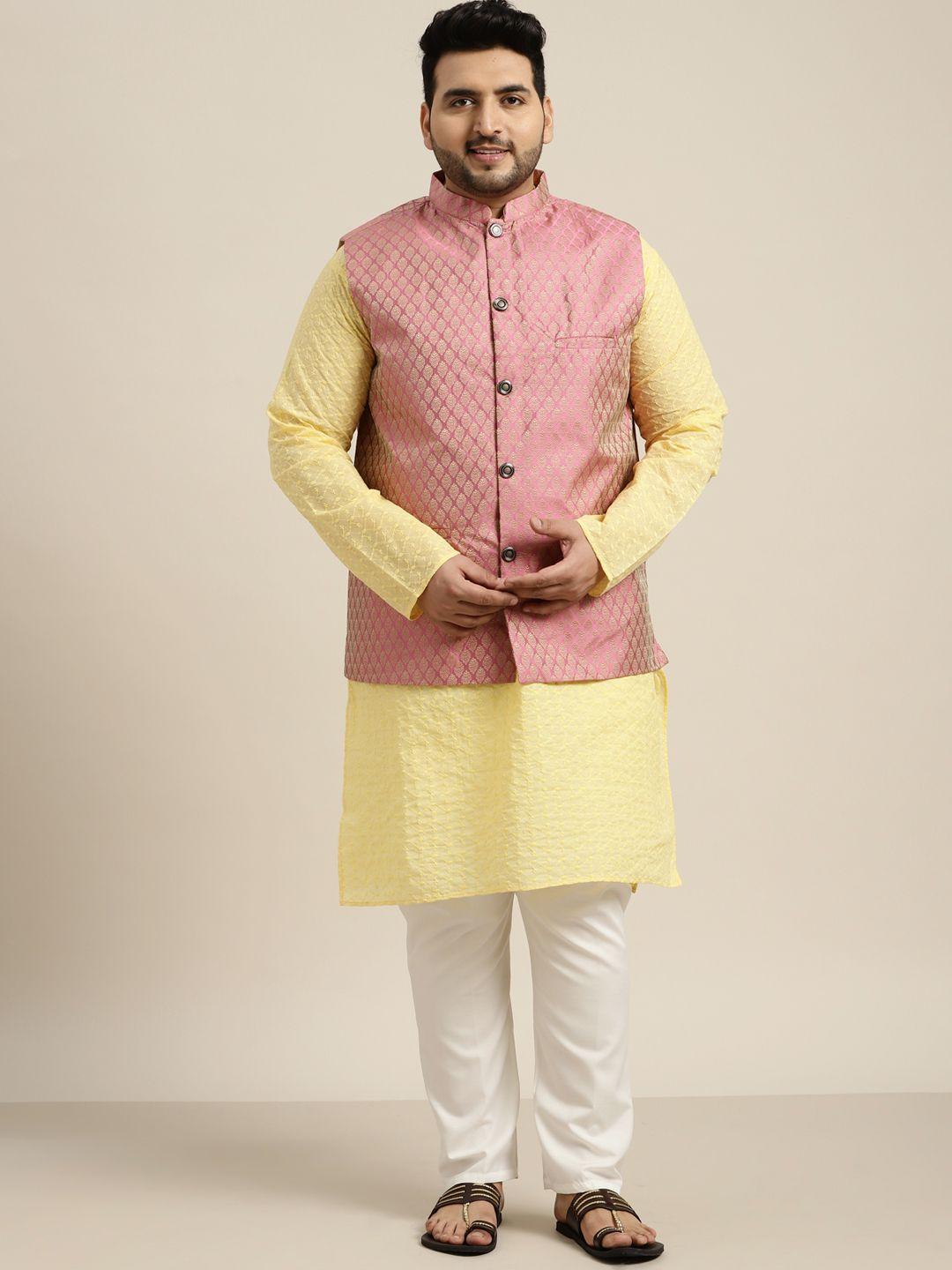 sojanya plus men plus size yellow ethnic motifs embroidered kurta set with nehru jacket