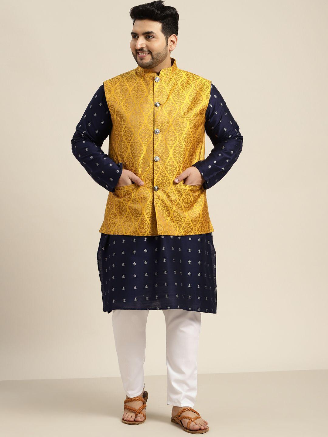 sojanya plus plus size men navy blue kurta with pyjamas & nehru jacket