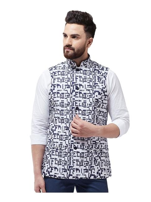 sojanya white & navy abstract print nehru jacket
