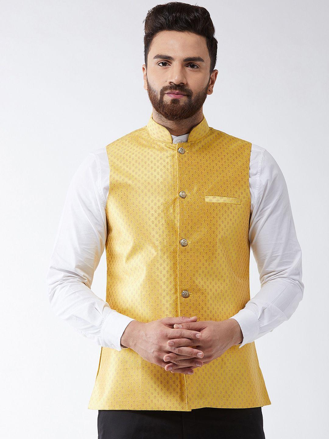 sojanya yellow & gold woven design nehru jacket