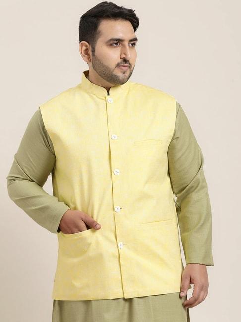 sojanya yellow cotton linen comfort fit self pattern nehru jacket