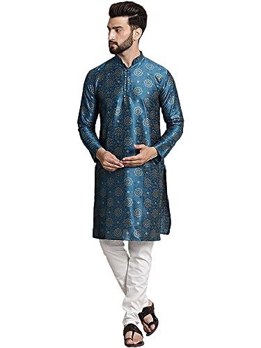 sojanya (since 1958, men's silk blend peacock blue printed kurta and white churidar pyjama set