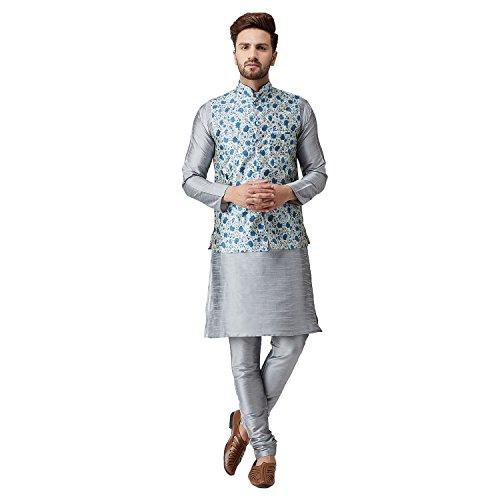 sojanya (since 1958, men's silk grey kurta pyjama & blue printed nehru jacket set, size: l