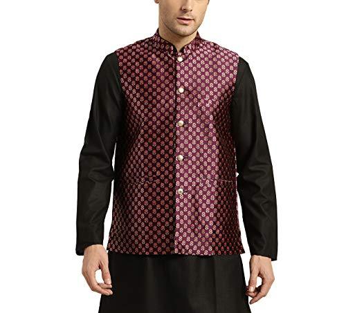 sojanya (since 1958, mens silk blend, wine & multi color self design nehru jacket, size: 38
