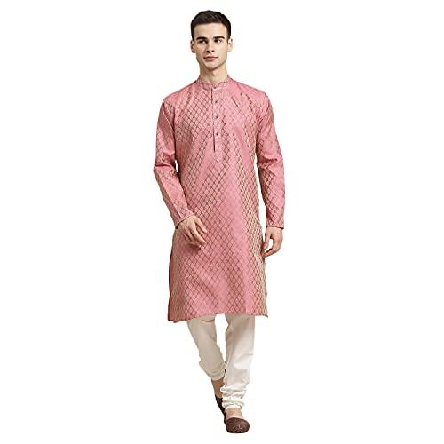 sojanya (since 1958 men's jacq silk pink self design kurta & off-white churidar pyjama set