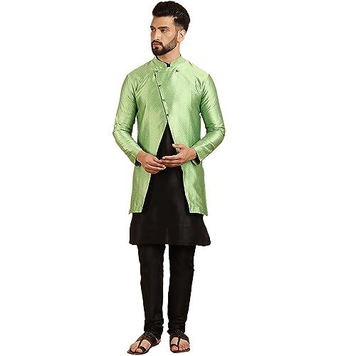 sojanya (since 1958 men's silk blend black kurta pyjama & green sherwani jacket combo