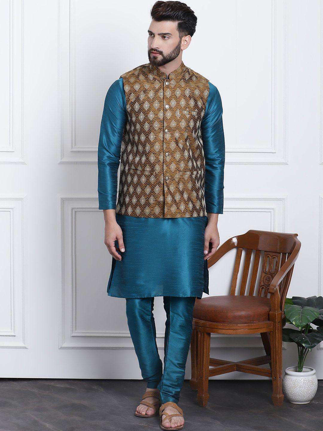 sojanya  band collar straight kurta with churidar & nehru jacket