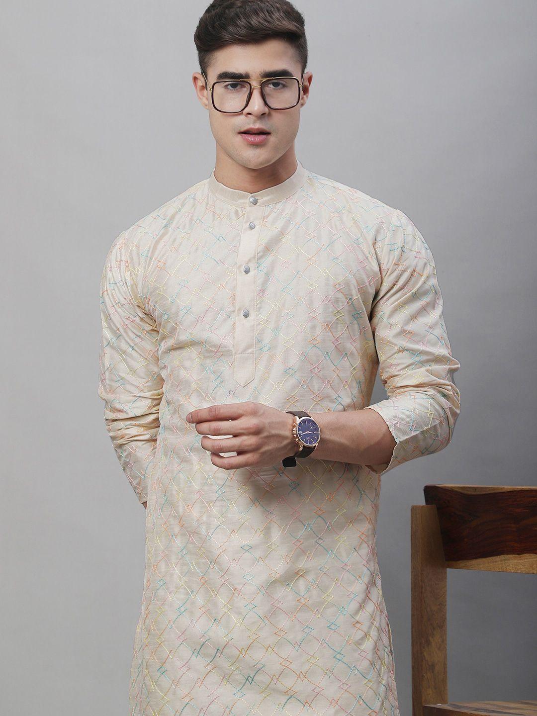 sojanya band collar embroidered cotton silk kurta