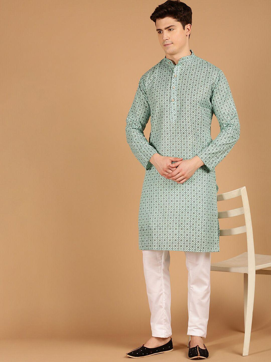sojanya band collar ethnic motifs printed cotton linen kurta with pyjamas