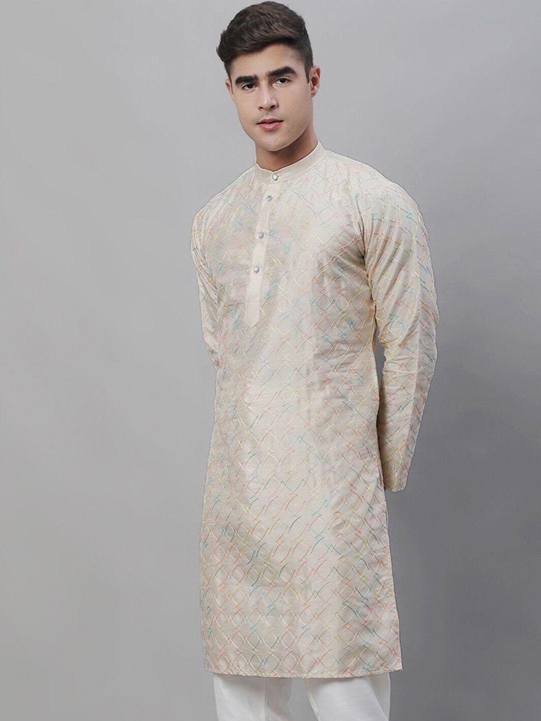 sojanya band collar geometric embroidered silk cotton kurta