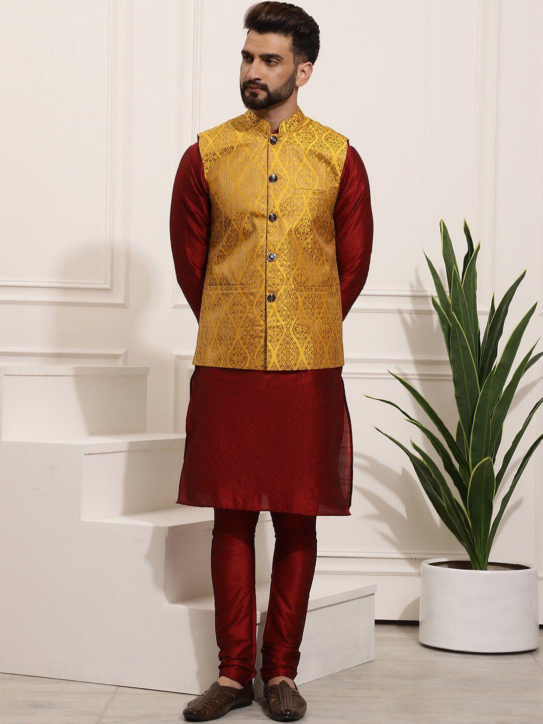 sojanya band collar straight kurta & churidar with nehru jacket