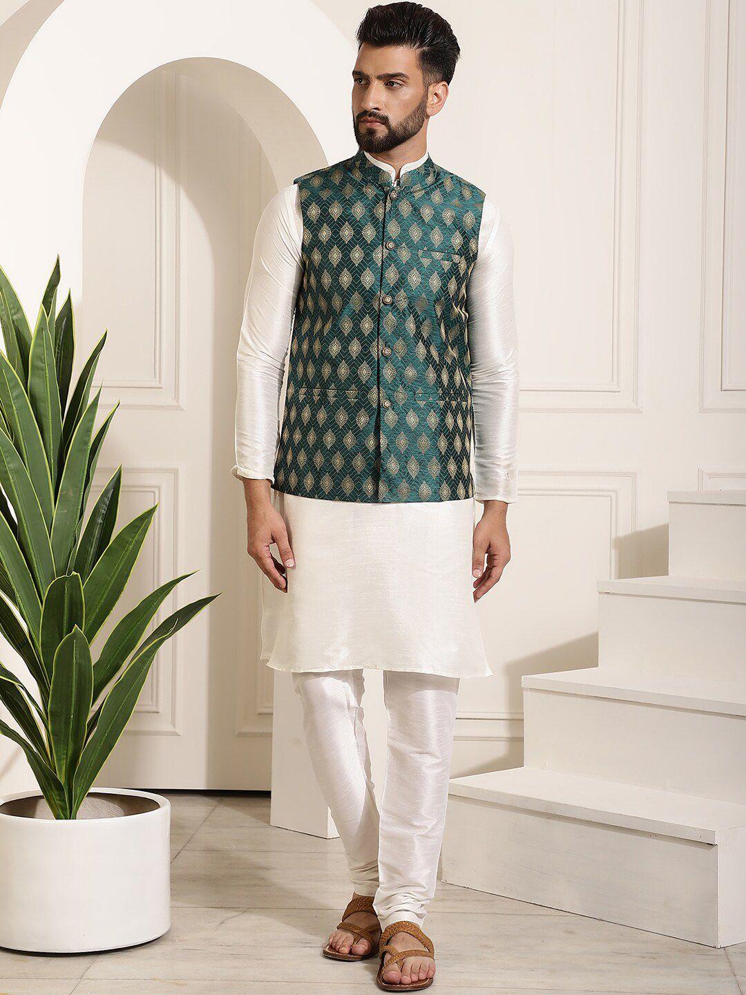 sojanya band collar straight kurta & churidar with nehru jacket