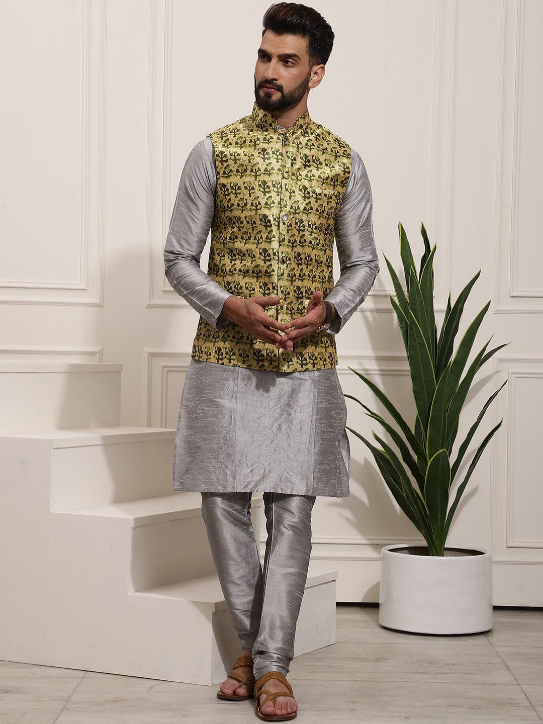 sojanya band collar straight kurta & churidar with nehru jacket