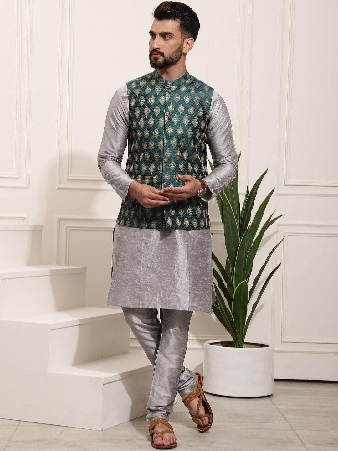 sojanya band collar straight kurta & churidar with nehru jacket