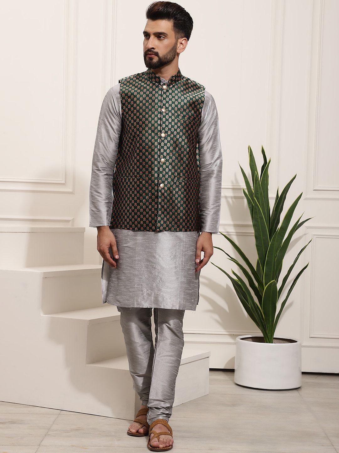 sojanya band collar straight kurta & churidar with nehru jacket