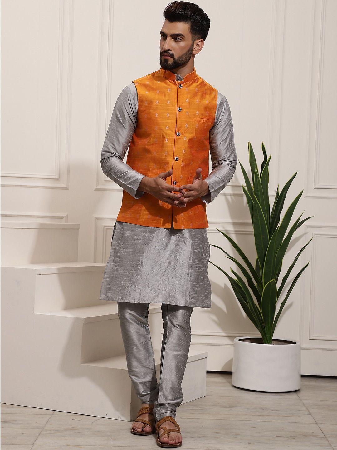 sojanya band collar straight kurta with churidar & nehru jacket