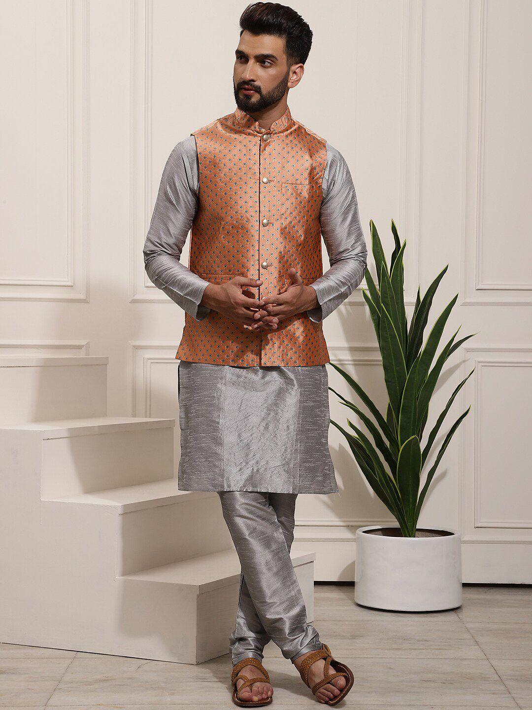 sojanya band collar straight kurta with churidar & nehru jacket