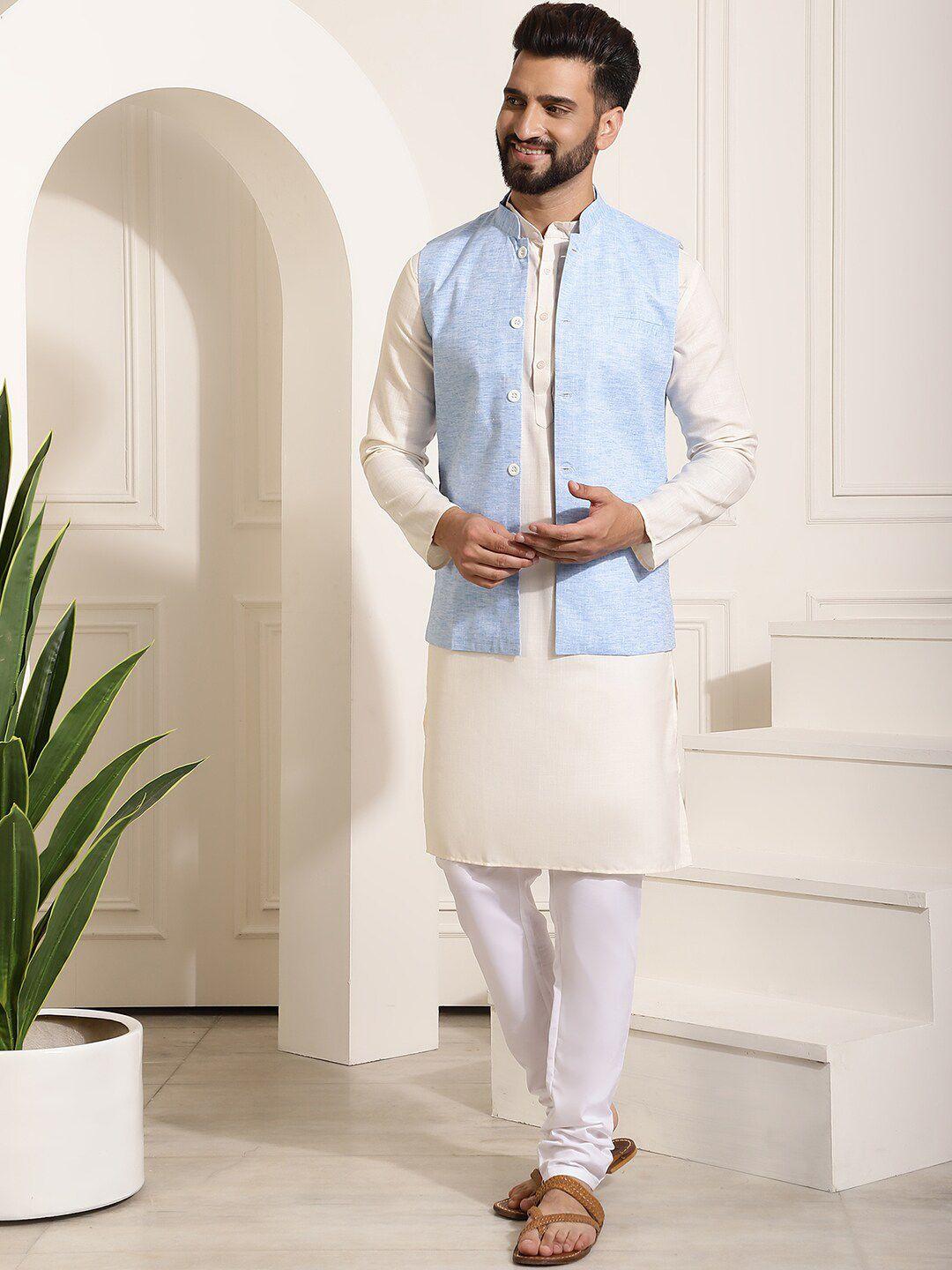 sojanya band collar straight pure cotton kurta & churidar with nehru jacket