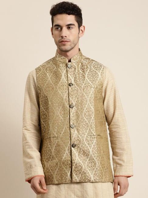 sojanya beige & gold regular fit jacquard nehru jacket