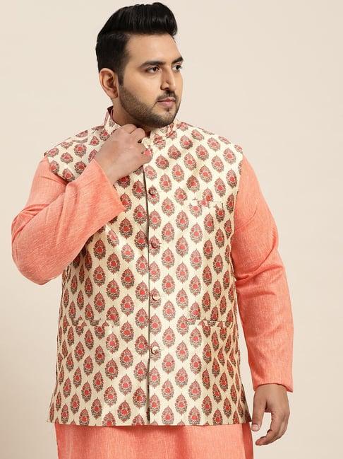 sojanya beige & maroon comfort fit printed nehru jacket