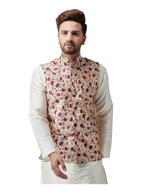 sojanya beige & maroon floral print nehru jacket