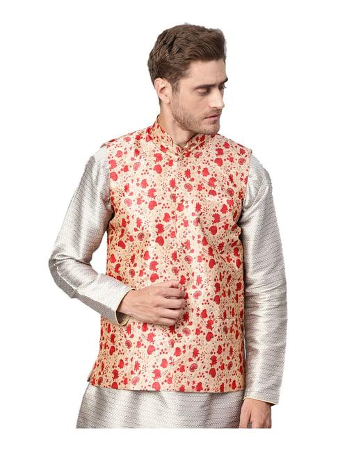 sojanya beige & red floral print nehru jacket