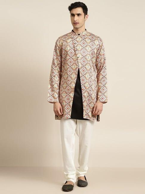 sojanya beige comfort fit printed sherwani jacket