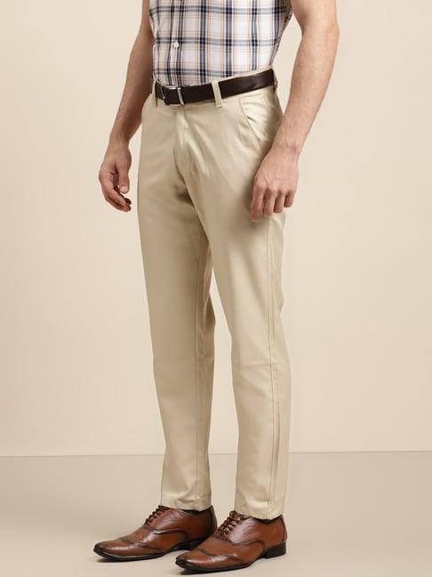 sojanya beige cotton regular slim fit flat front trousers