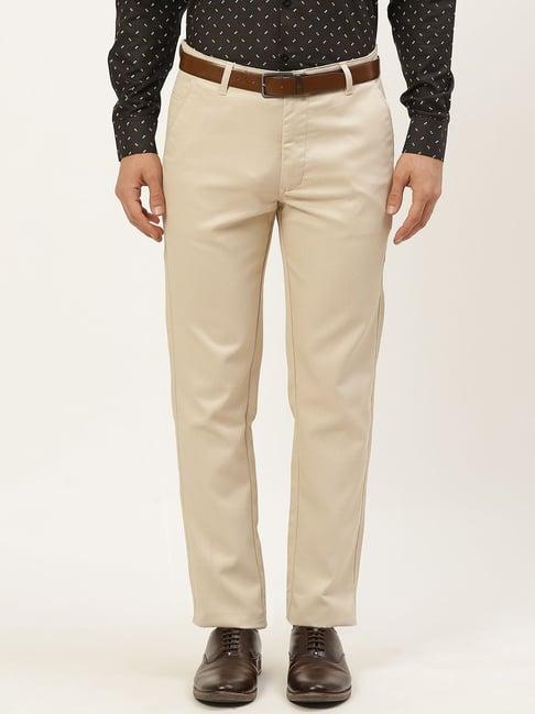 sojanya beige cotton regular slim fit self pattern flat front trousers