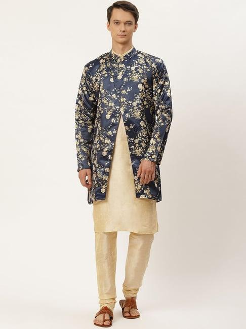 sojanya beige regular fit floral print kurta set with jacket