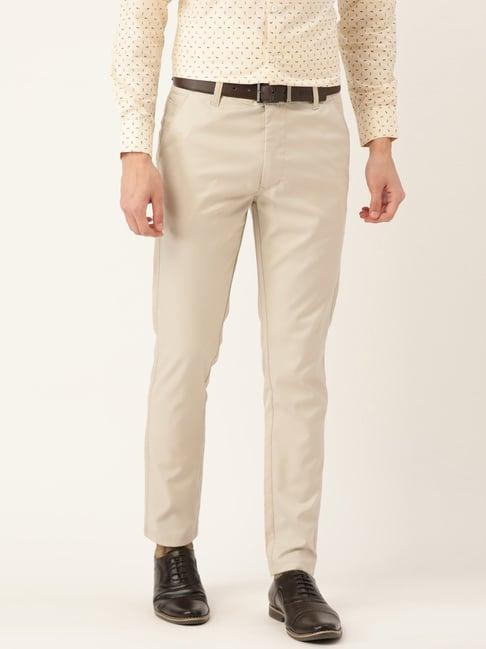 sojanya beige regular slim fit flat front trousers