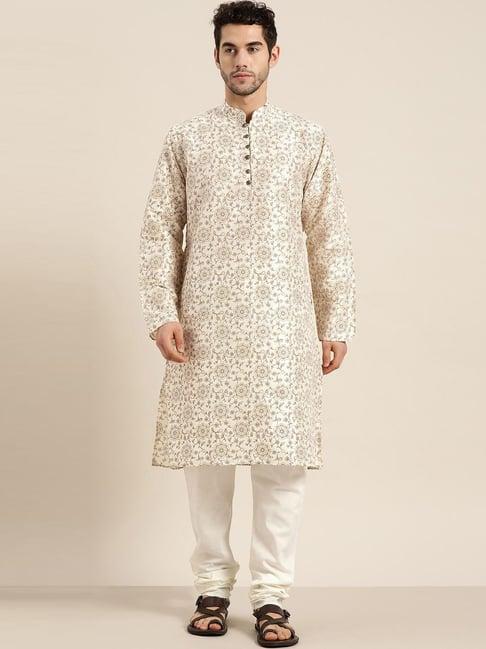 sojanya beige silk blend regular fit print kurta set