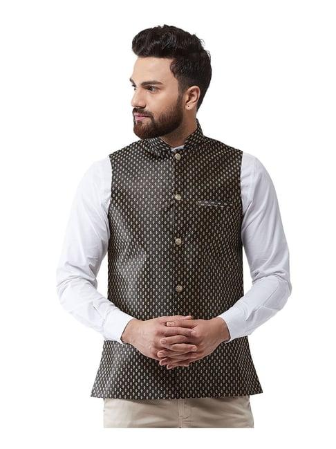 sojanya black & gold printed nehru jacket