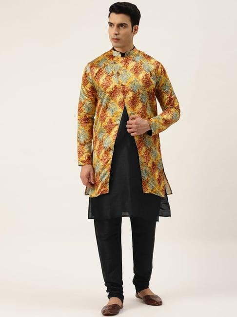 sojanya black & yellow regular fit printed kurta set with jacket