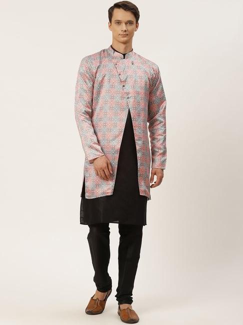 sojanya black regular fit printed kurta set with jacket