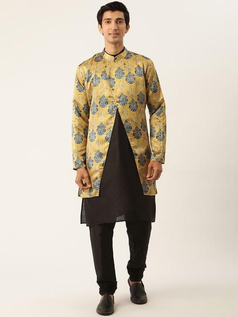 sojanya black regular fit printed kurta set with jacket