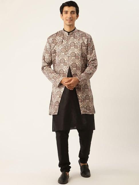 sojanya black regular fit printed kurta set with jacket