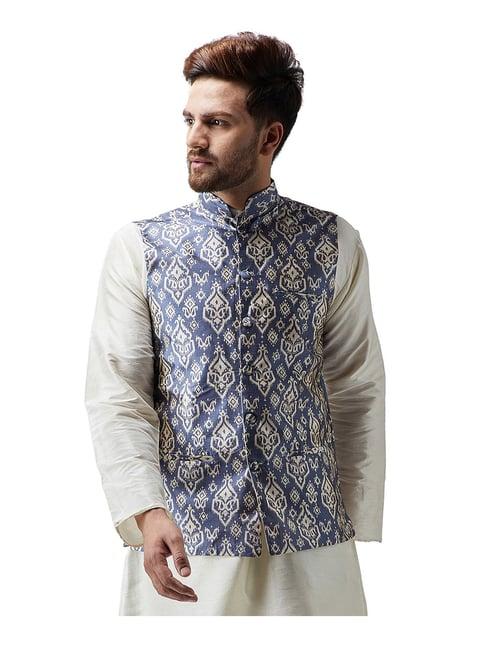 sojanya blue abstract print nehru jacket