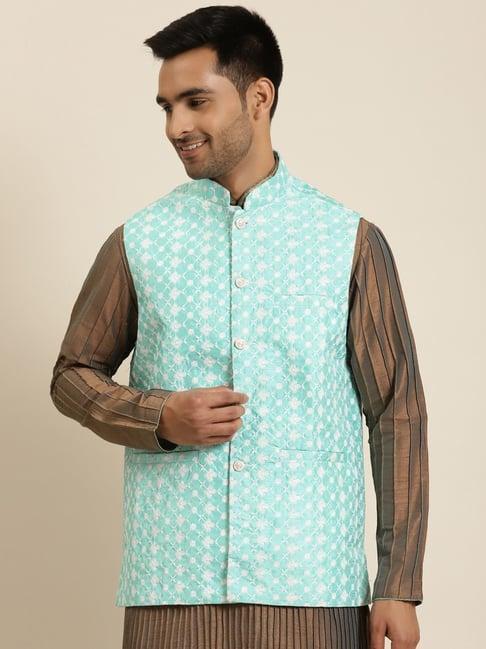 sojanya blue comfort fit embroidered nehru jacket