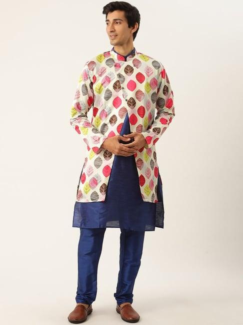 sojanya blue regular fit printed kurta set with jacket